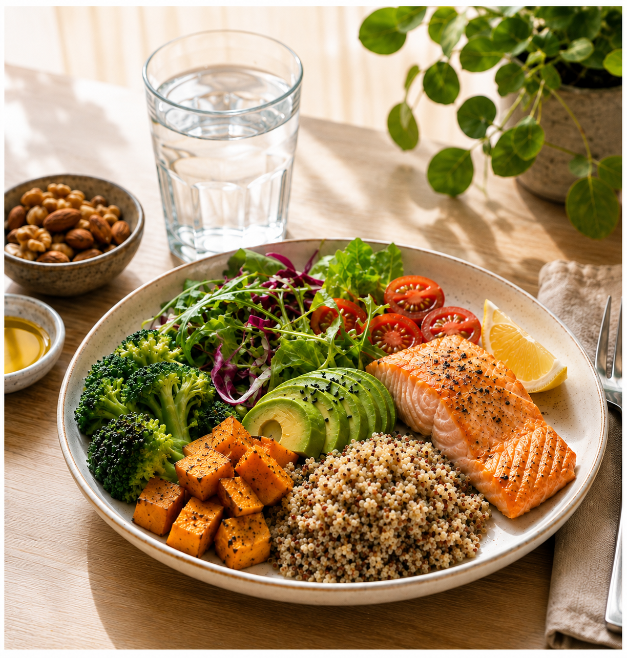 Balanced meal with vegetables, whole grains, protein, and healthy fats.