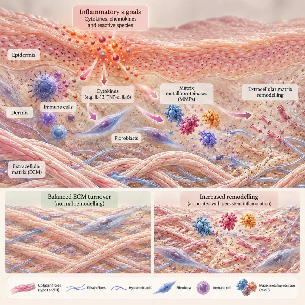 Scientific skin illustration showing inflammatory signalling, matrix metalloproteinases and extracellular matrix remodelling around collagen fibres